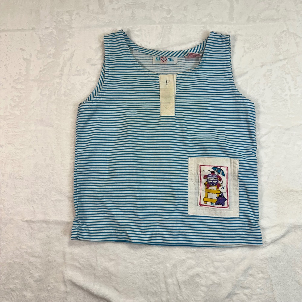 Vintage K.T. n' me Tank Top 5 Blue Striped Lifeguard Turtle Graphic Kids